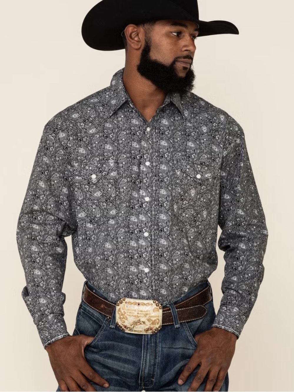 NWT Panhandle Rouch Stock Men’s Stretch Paisley Black & White Western Pearl Snap